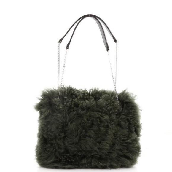 Flap Chain Small Green Shearling Wool Shoulder Bag - Picture 4 of 7